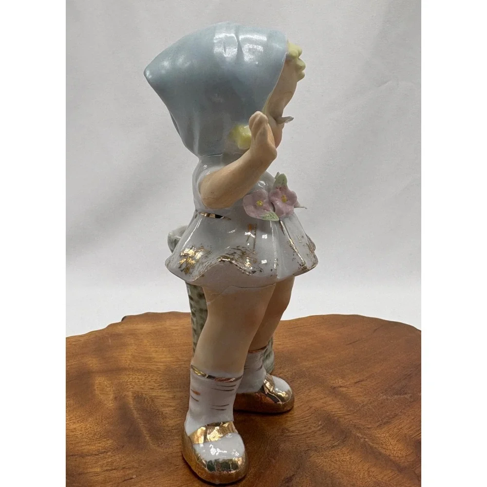 Vintage Vase Porcelain Girl With Basket Planter Long Lashes With Flowers